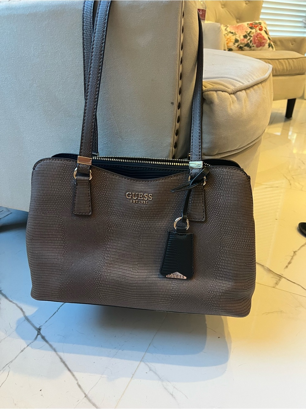 GUESS Brown Textured Shoulder Tote with Logo Charm